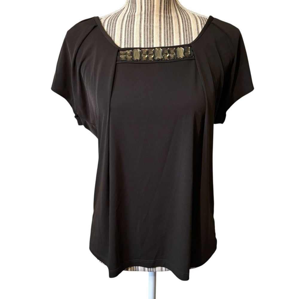 New York & Company Blouse Small Dark Brown with Tan/Gold Beaded Neckline Classy